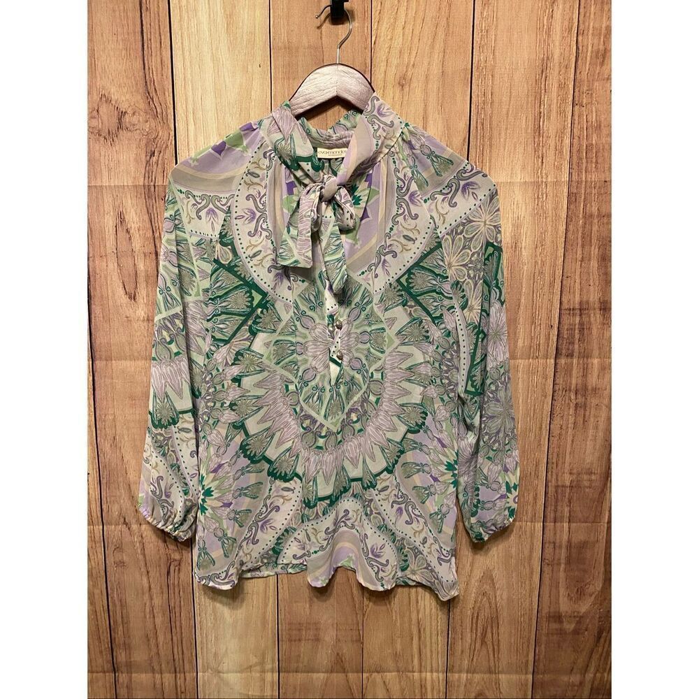 Eva Mendes NY&CO Small blouse top shirt purple green tie slightly sheer